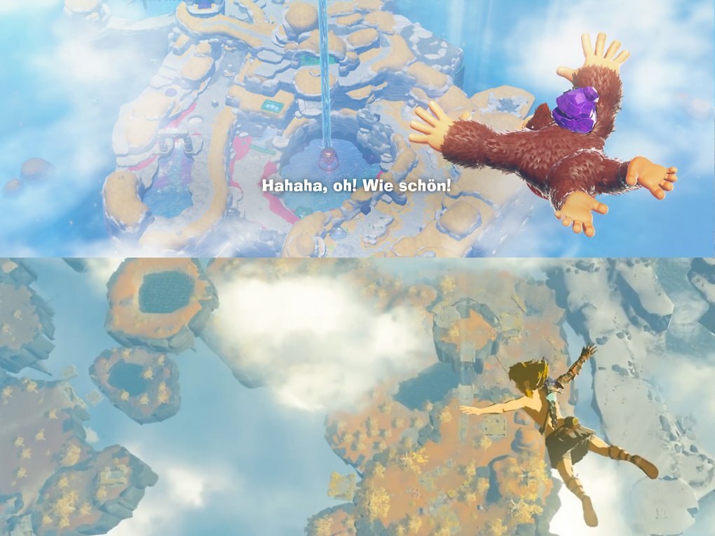 Ein Vergleichsbild von Donkey Kong und Link, die durch die Luft auf eine Insel unter ihnen zufliegen.