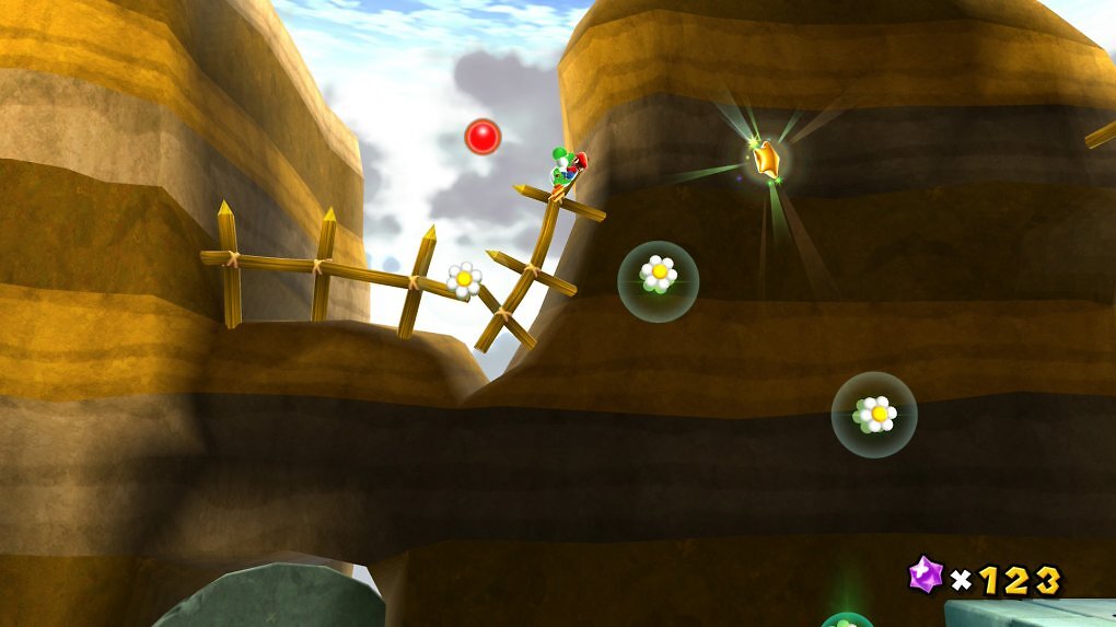 Mit Yoshis Zunge könnt ihr euch an bestimmten Punkten im Spiel in die Luft schleudern lassen, umso neue wie hier an den Powerstern ranzukommen.