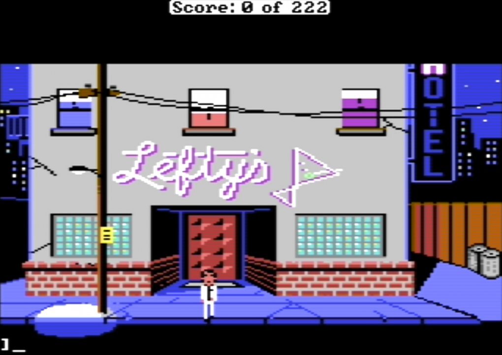 Larrys Abenteuer beginnt vor Leftys Bar. Es ist nicht ratsam, die Straße zu betreten, Larry kann auch am C64 auf unterschiedliche Art sterben.