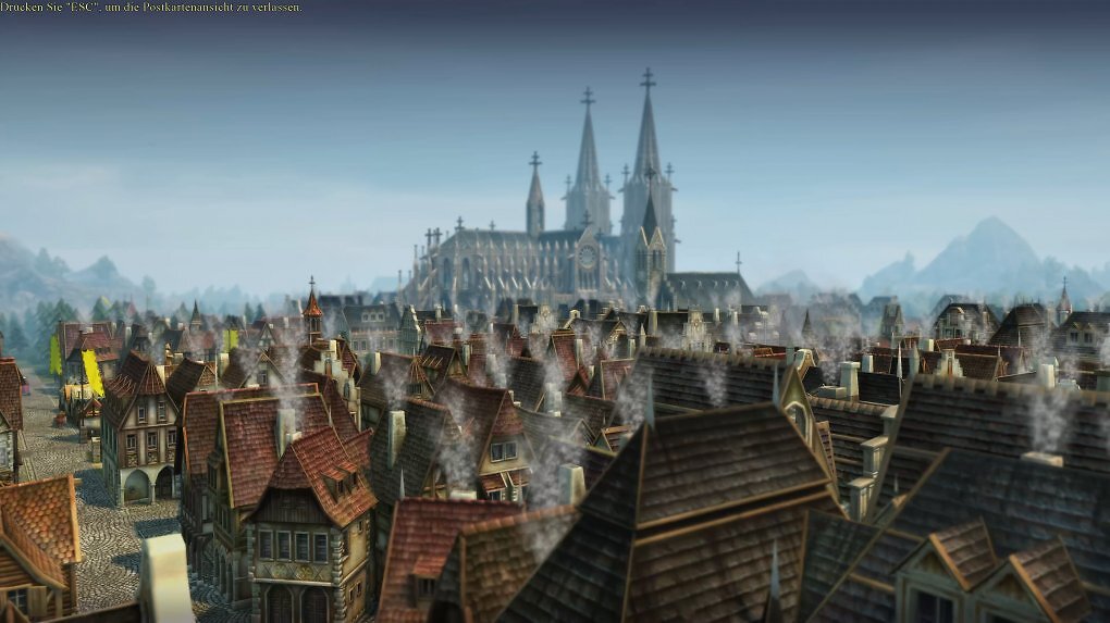 Eine voll ausgebaute Stadt mit einem Kaiserdom am Horizont.