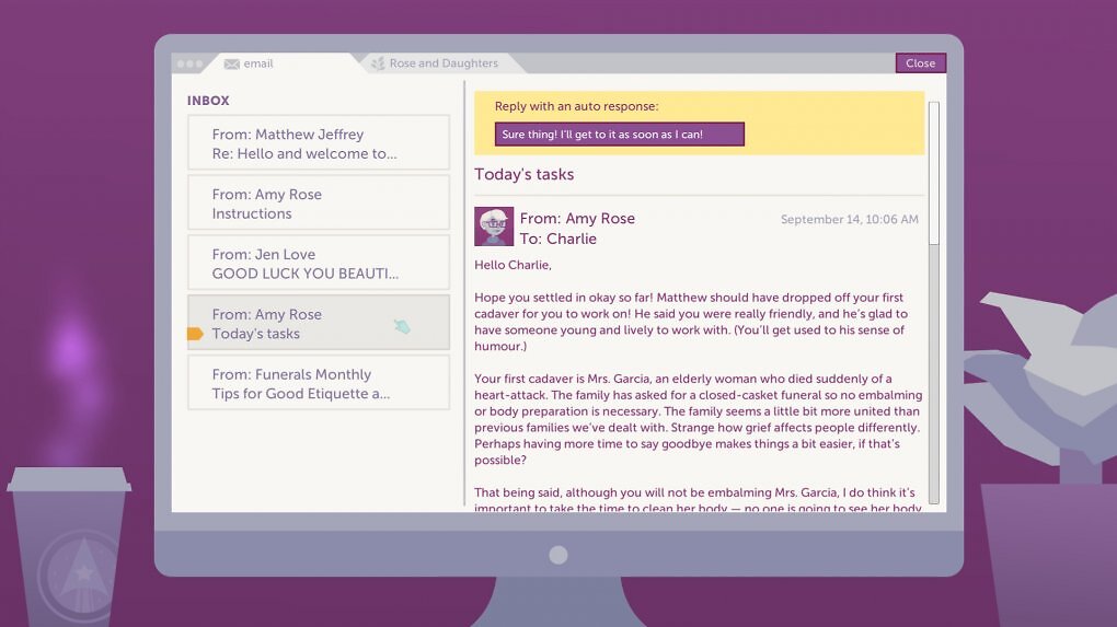 Das meiste Storytelling in A Mortician's Tale geschieht über E-Mails. Über einen Newsletter bekommen wir zudem Einblick in ethische Dilemmata und andere mögliche Probleme in der Bestattungsindustrie.