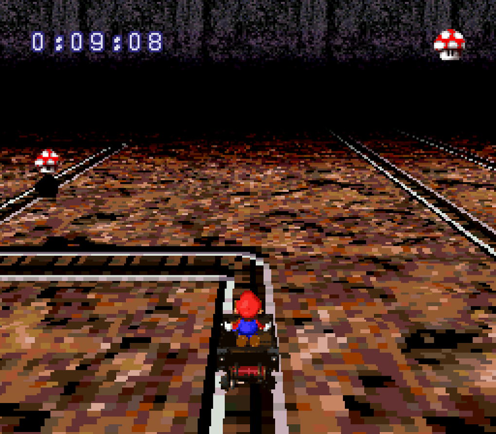 In dem Moleville Mountain Mine Cart Minigame saust ihr an Bord einer Lore durch eine dank Mode-7-Grafik wild rotierende Mine.