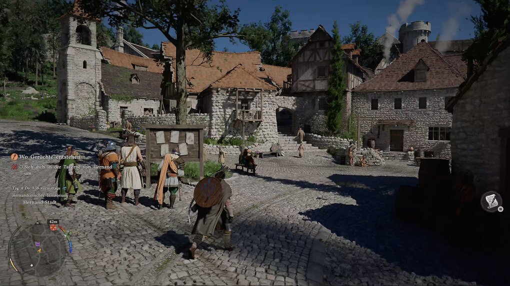 Der Held läuft durch eine Stadt. Am Anschlagbrett stehen ein paar NPCs.