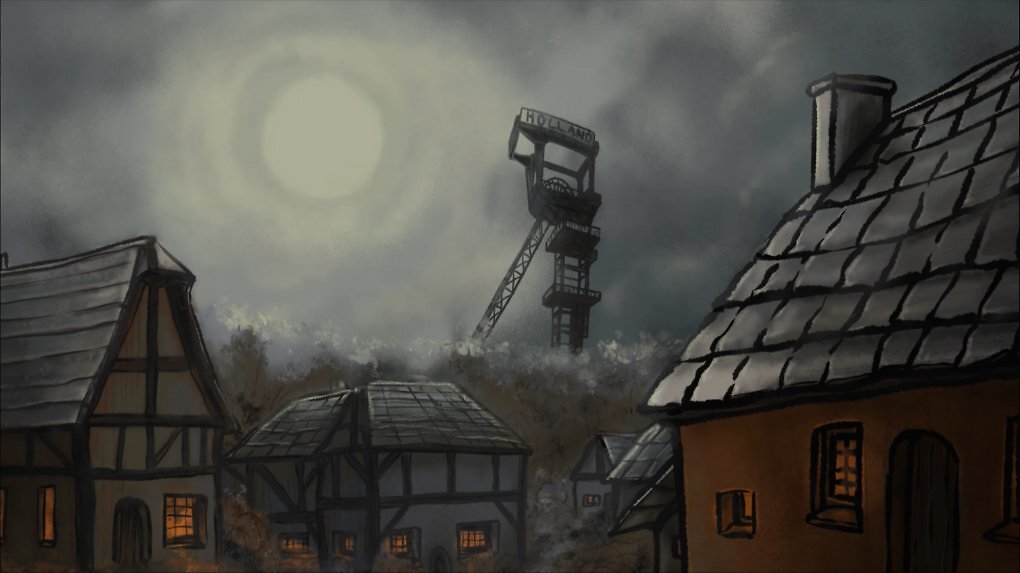 Ein paar Wohnhäuser und im Hintergrund der große Turm eines Schachtaufzugs.
