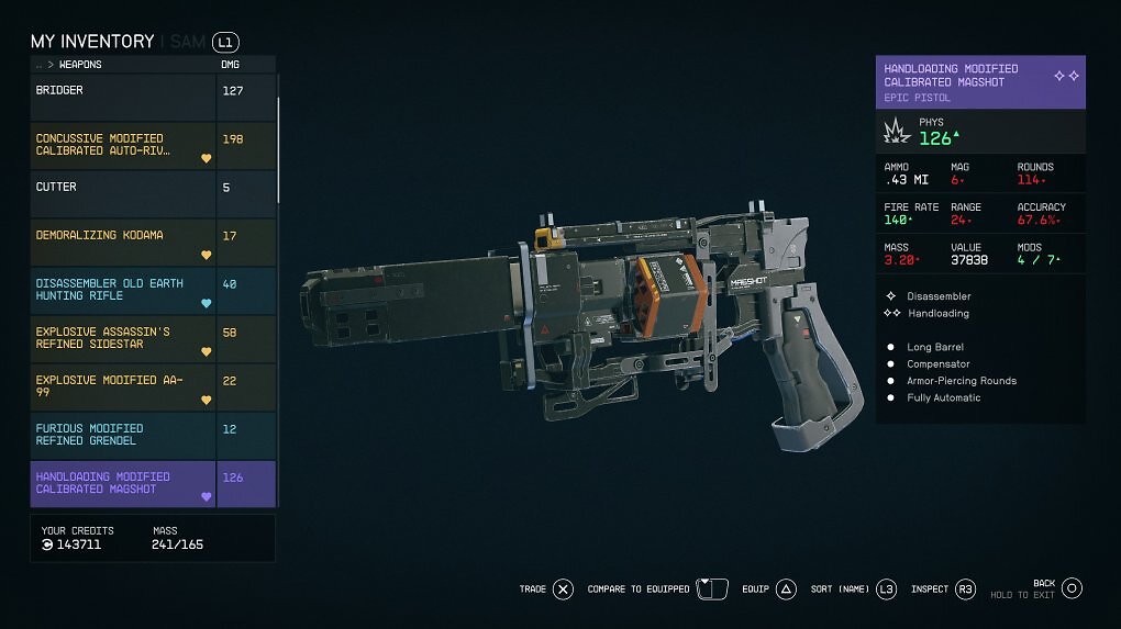Eine Waffe im Inventar von Starfield