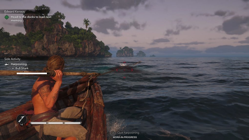 In der offenen Spielwelt gehen wir verschiedensten Aktivitäten nach. So machen wir zum Beispiel mit der Harpune Jagd auf verschiedene Großfische.
