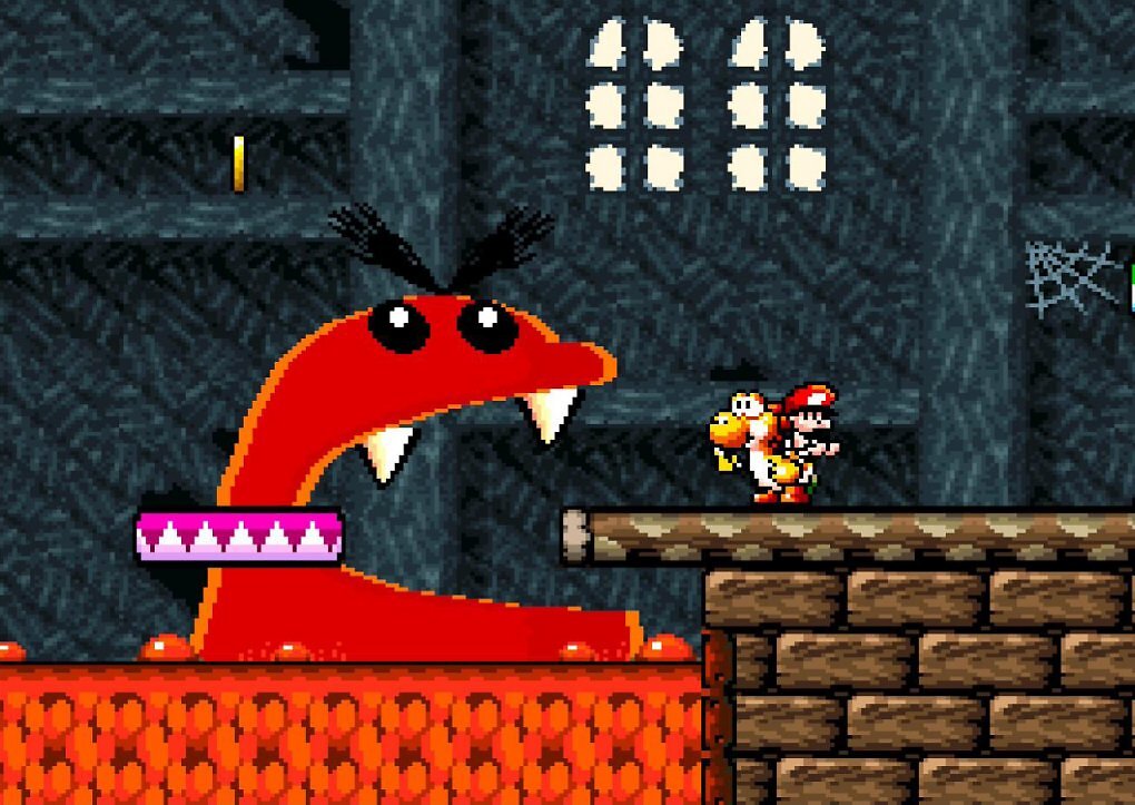 Ein Feuer-Blargg versperrt Yoshi den Weg. Zum Glück reicht ein Ei, um den Gegner kurzzeitig außer Gefecht zu setzen.