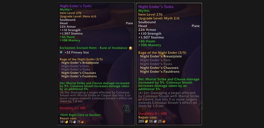 Reparaturkosten in WoW: Midnight im Vergleich. Dasselbe Itemlevel, aber mehr Kosten. Mythos-Items kosten deutlich mehr in der Reparatur.