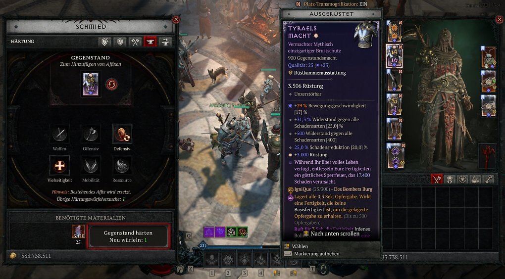 Diablo 4 Schmied Menü mit Vermachter Mythisch einzigartiger Brustschutz Tyraels Macht mit maximalen Widerständen, Schadensreduktion und dem eingewebten Runenwort IgniQue Des Bombers Burg für den Totenbeschwörer Build.