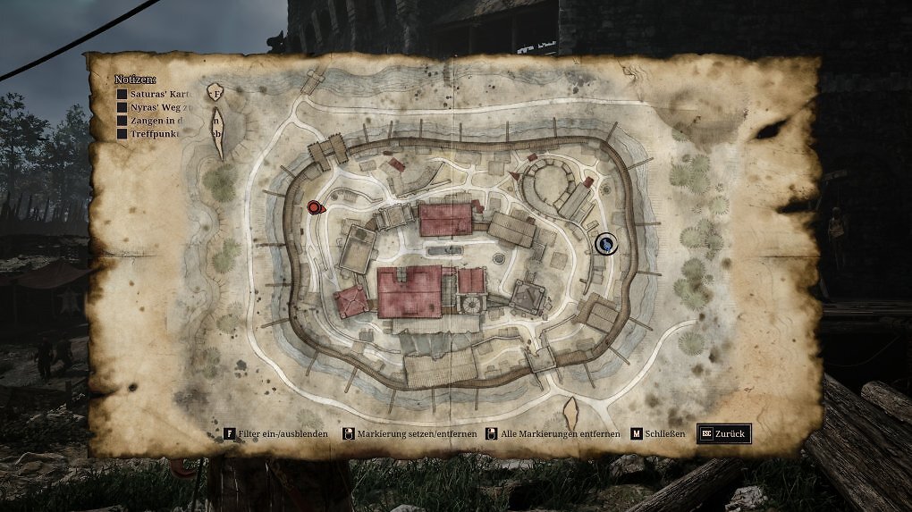 Hunos Hütte ist südwestlich der Arena im alten Lager - siehe blaue Markierung hier auf der Karte.