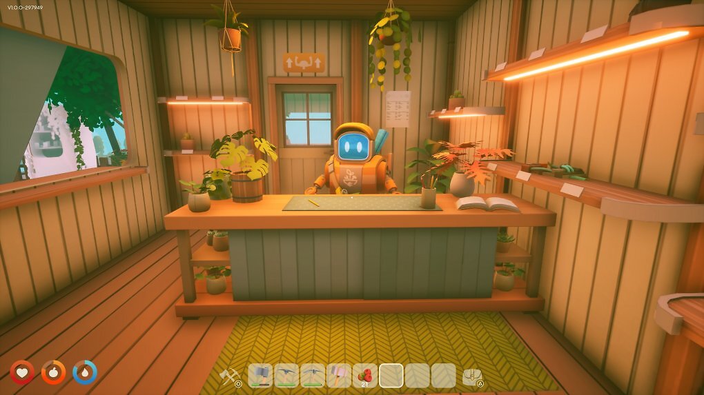 Ein orangefarbener Roboter mit blauem Gesicht, der hinter einer Holztheke steht.