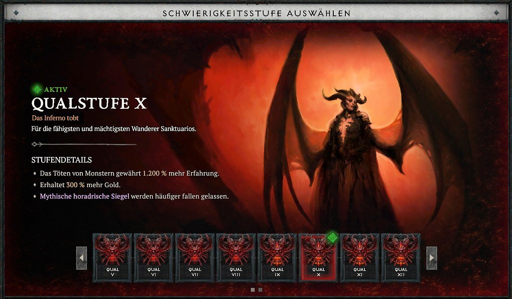 Ein detaillierter Ingame-Screenshot des Charakter- und Statistik-Menüs in Diablo 4. Auf der rechten Seite ist die detaillierte Attribut-Liste geöffnet, die die genauen Boni der aktuellen Schwierigkeitsstufe Qualstufe X zeigt. Ein hervorgehobener Tooltip erklärt die Drop-Skalierung für Gegenstände und verdeutlicht, dass die maximale Chance auf hochwertige Endgame-Beute hier ihr Limit erreicht.