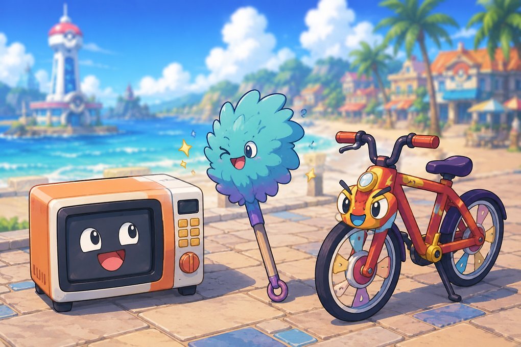Ich habe mal die KI damit beauftragt, eine Mikrowelle, einen Staubwedel und ein Fahrrad in Pokémon zu verwandeln. Allzu abwegig sind die Ergebnisse wohl leider nicht.