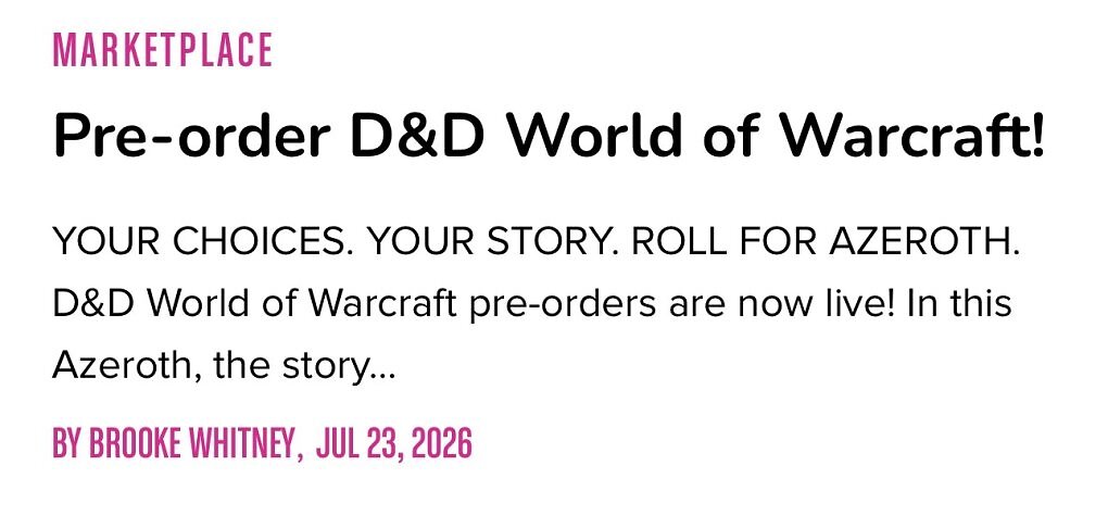 Eine D&amp;D-Webseite zeigt bereits Vorbestellungen für ein D&amp;D-Set mit dem Thema 'World of Warcraft'.