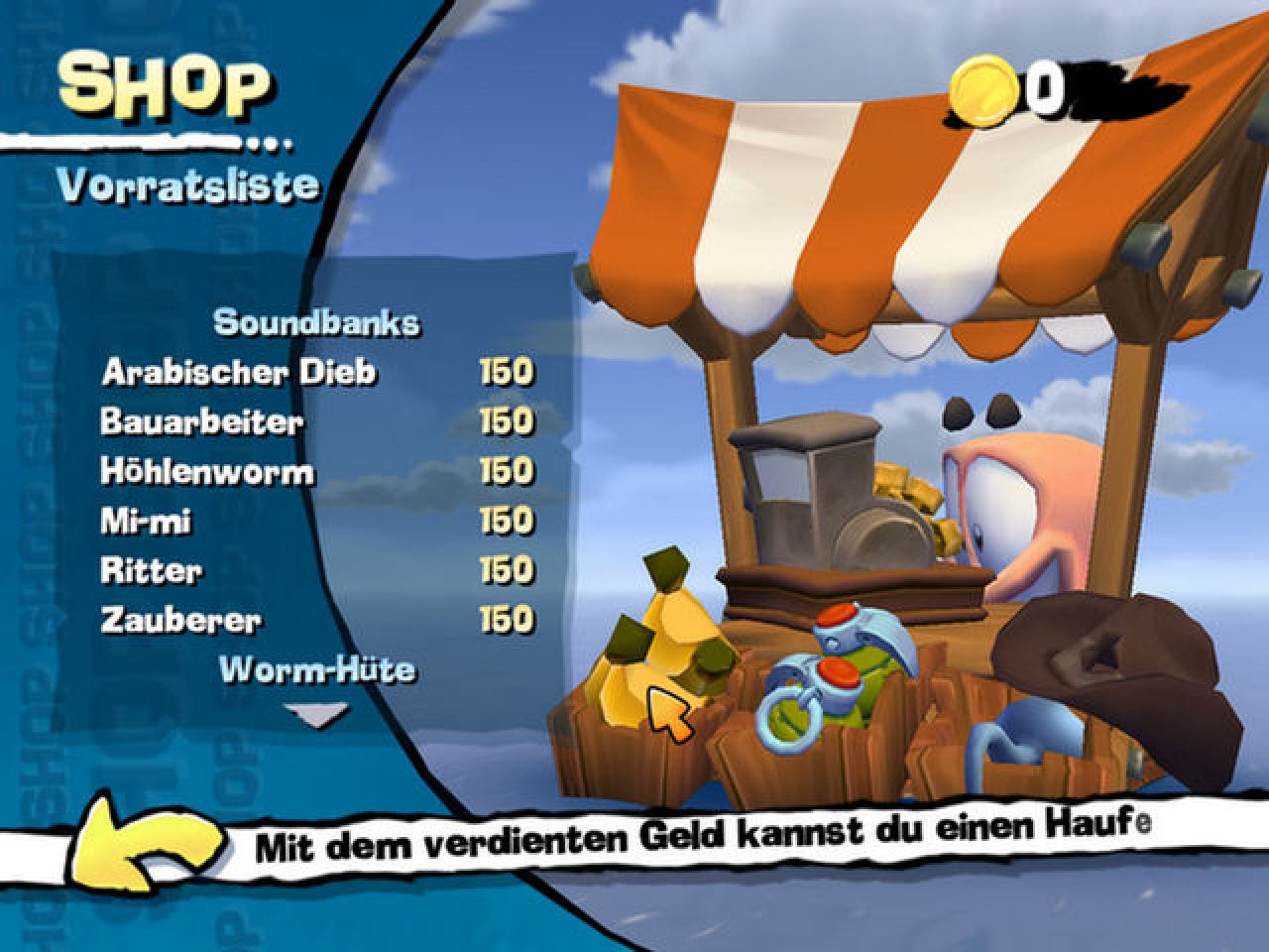 [23/09/2005] Auch in Worms Reloaded gab es einen brandheißen Shop, in dem man seine wertvollen Spielmünzen auf den Kopf hauen konnte. Besonders ausgeflippt waren die verschiedenen Hüte und Sprach-Samples.