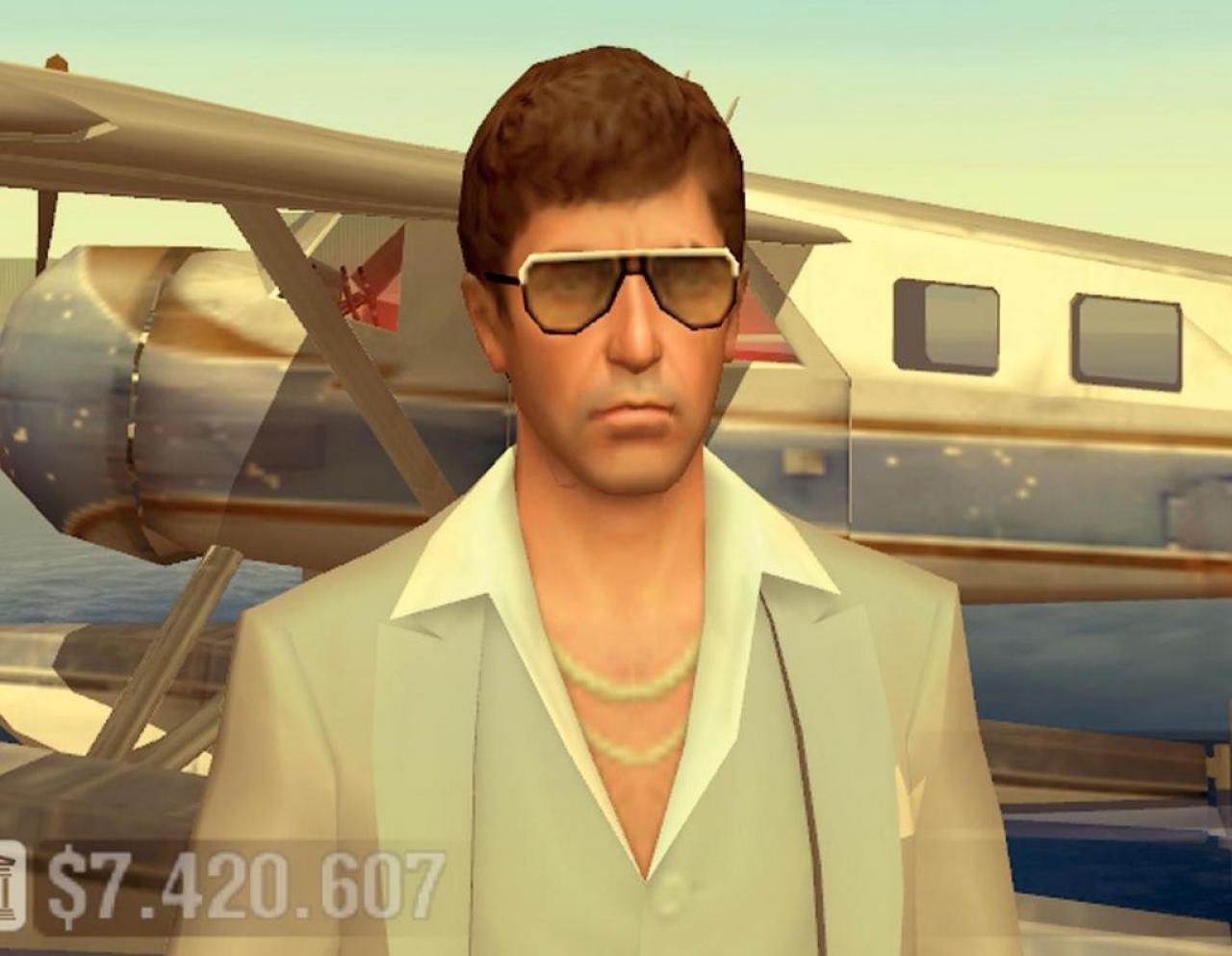 [22/11/2006] Tony Montana ist im Spiel (links) eindeutig die detaillierteste Figur. Gesichtszüge, Bewegungen und die äußerst geschmackvollen Klamotten und Brillen entsprechen fast haargenau der Filmvorlage (rechts). 