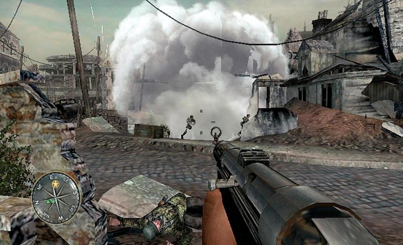 [18/12/2006] Kriegsgebiet: Raucheffekte sehen auch auf der PS2 klasse aus. Dazu wirkt die Umgebung authentisch. Jedoch sind die Texturen ganz schön matschig. (PS2) 