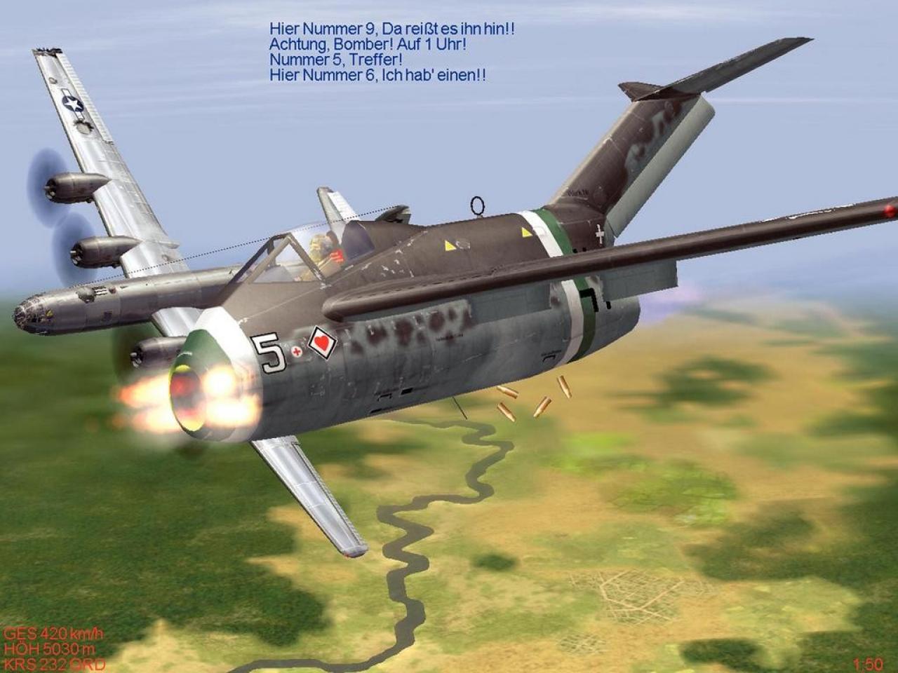 [19/12/2006] So nah müssen wir mit der Ta-183 normalerweise nicht an die Bomber heran. Die ist nämlich mit der ferngelenkten X-4-Rakete ausgerüstet. 