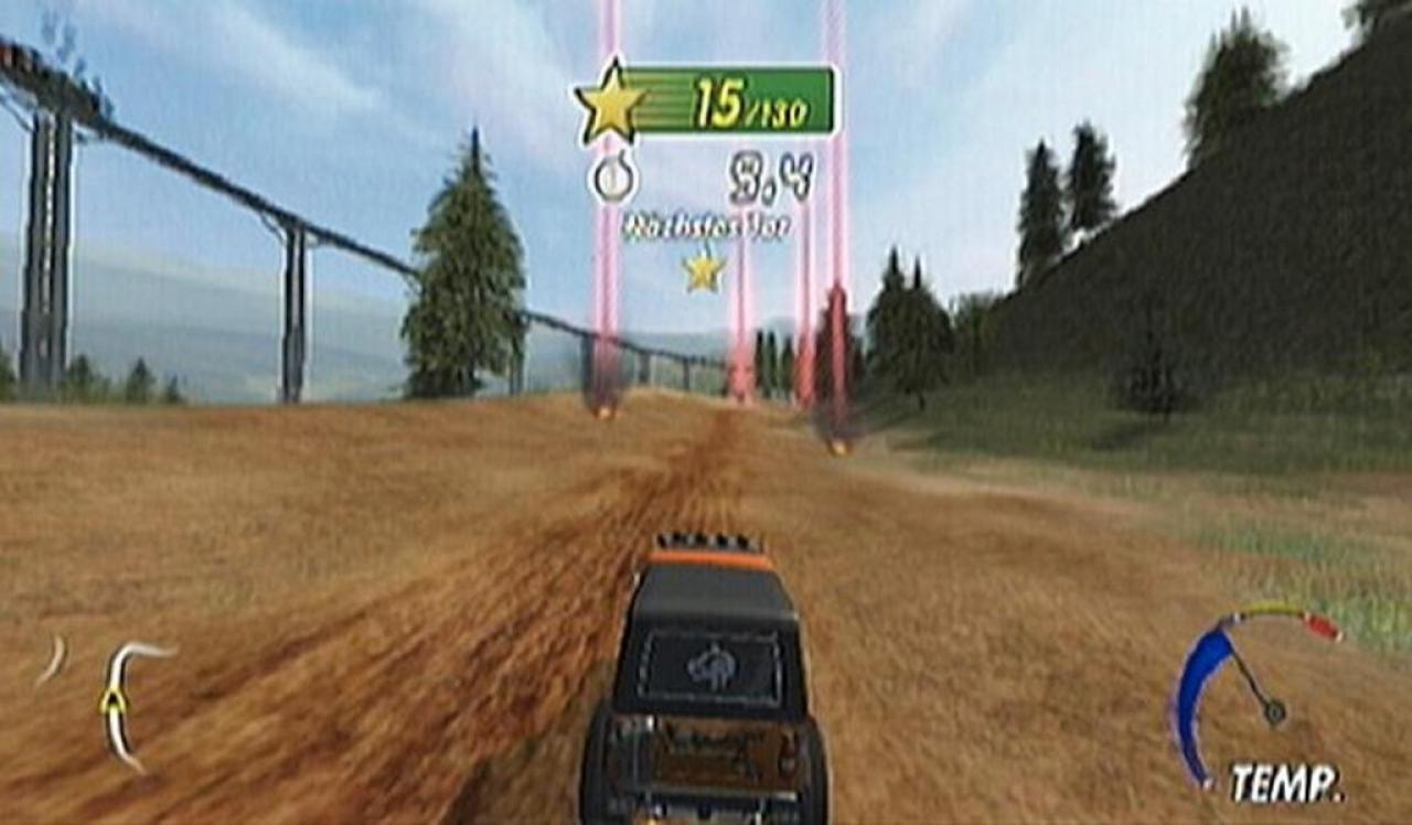 [18/01/2007] Lenkrad-Künstler sind gefragt: Bei den Slalom-Herausforderungen müssen Sie innerhalb eines Zeitlimits durch farbige Markierungen fahren. (Wii) 