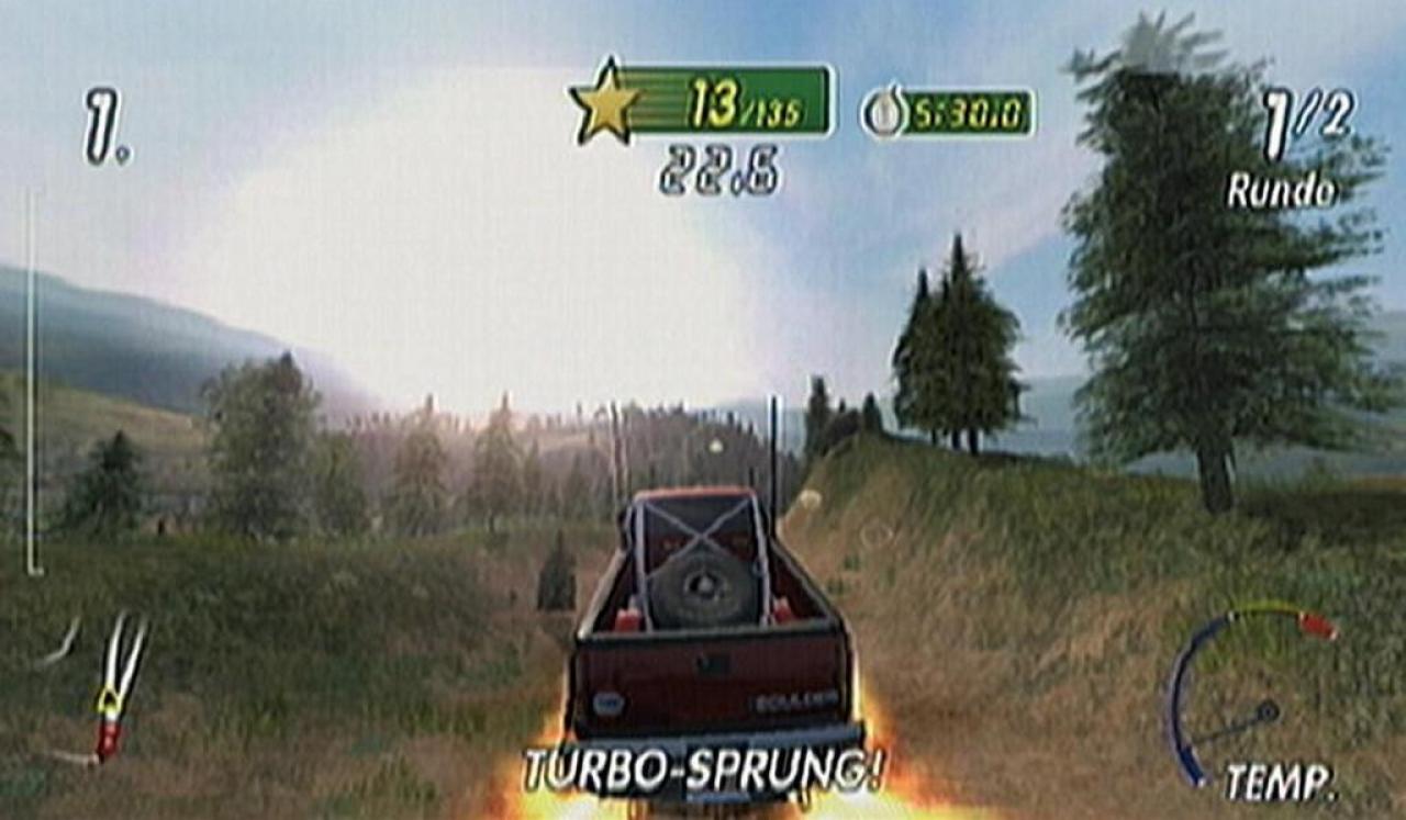 [18/01/2007] Versuchen Sie, nach einem Sprung im richtigen Moment den Boost zu zünden -- so fliegt Ihr Vehikel schneller und weiter. (Wii) 