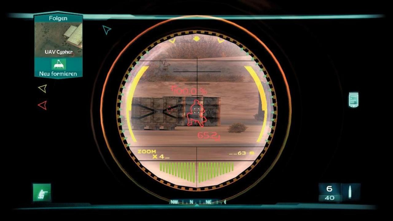 [19/03/2007] Unser Spezialgewehr schießt auch durch das Blechfass, wie der Umriss zeigt. Die Wumme ist in den meisten Einsätzen verfügbar. (Xbox360) 