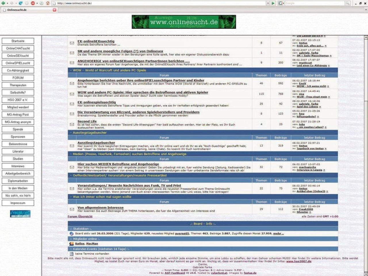 [04/03/2007] Auf www.online-sucht.de gibt es Links zu Beratungsstellen und Erfahrungsberichte. 
