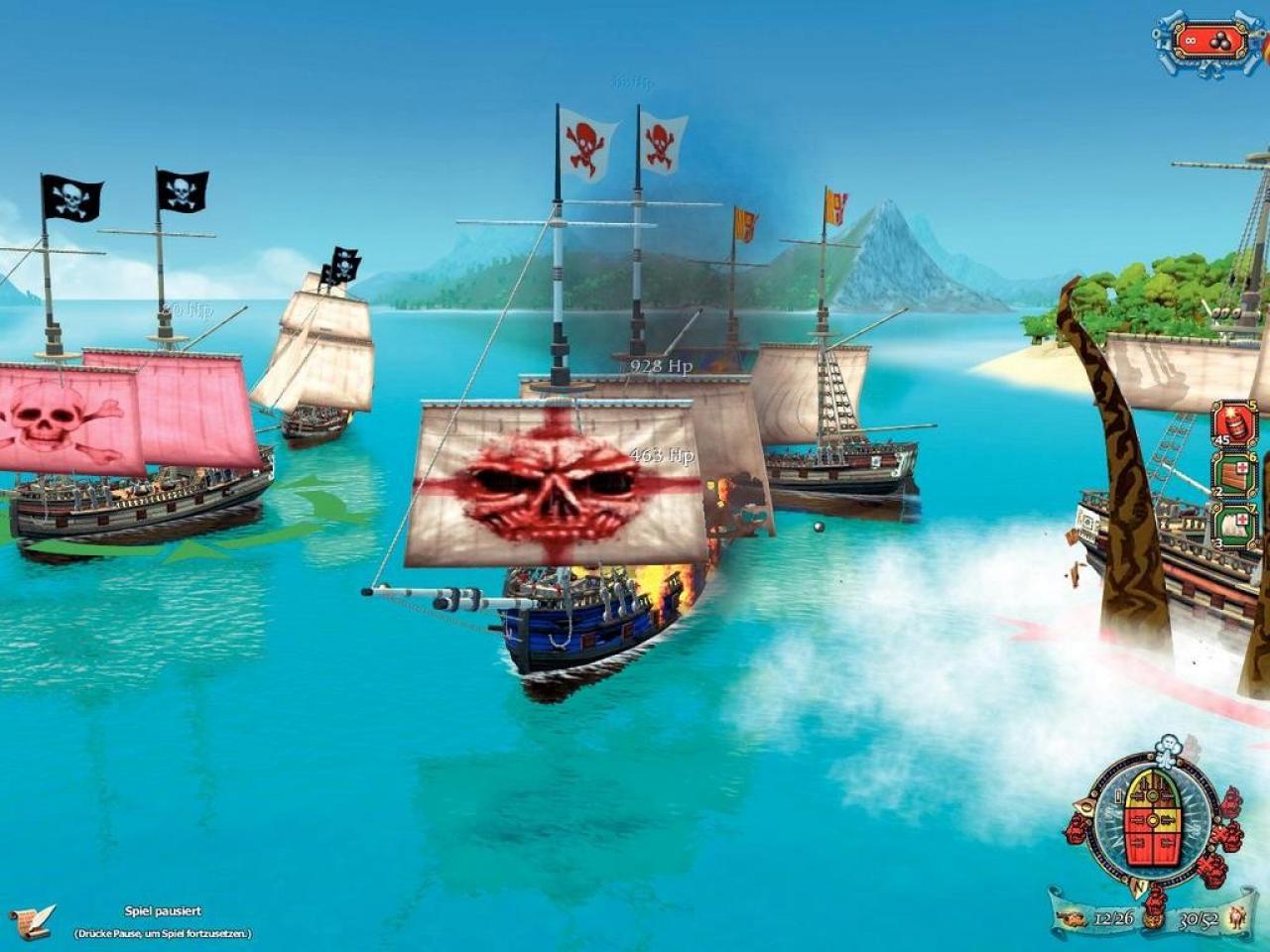 [04/03/2007] Das grüne Zielkreuz unter dem Schiff links zeigt, dass wir feuern sollten. Rechts haben wir einen Kraken angelockt, der den Feind umarmt. 