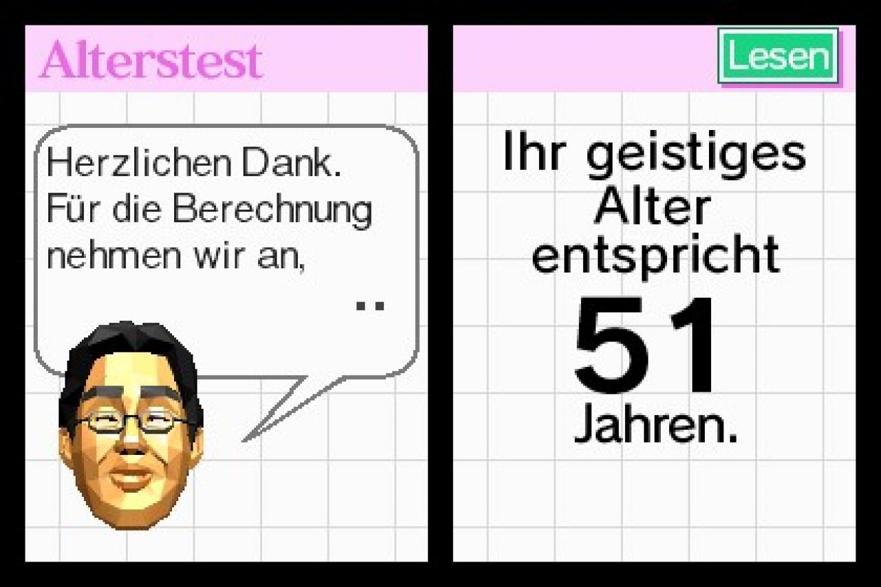 [16/05/2007] Doktor Kawashimas Gehirn-Jogging bietet virtuelle Drilleinheiten fürs Oberstübchen. Game-Over gibt's hier nicht. Es ist auch nicht schlimm, wenn du in der Schule zu denjenigen gehört hast, die 7+6 in den Taschenrechner eingeben mussten. Na ja, auch wenn wir uns etwas Schöneres vorstellen könnten, als mit einem geistigen Alter von 51 Jahren ausgezeichnet zu werden...