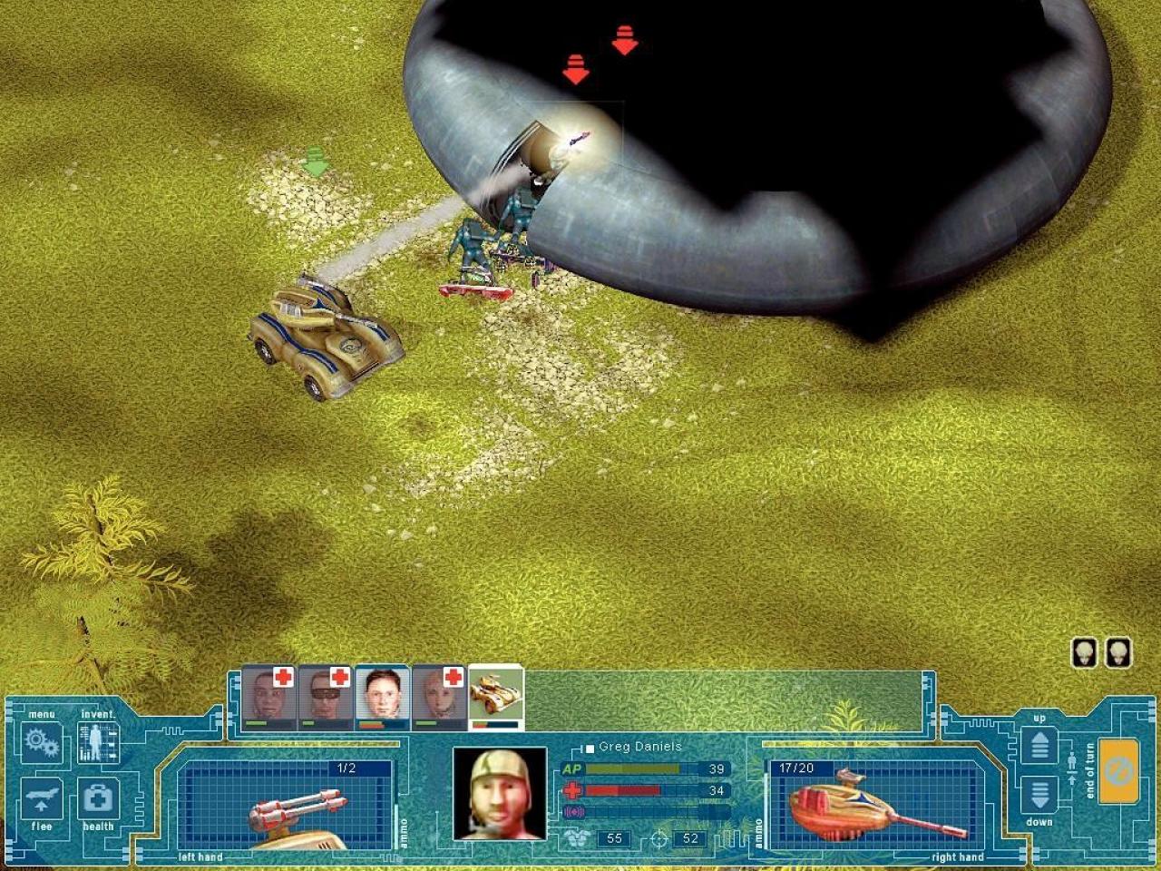 [26/06/2007] Oft verstecken sich irgendwo noch ein, zwei letzte Aliens, die wir ewig suchen müssen. Hier sind zwei im Ufo geblieben, wir semmeln blind eine Rakete rein. 