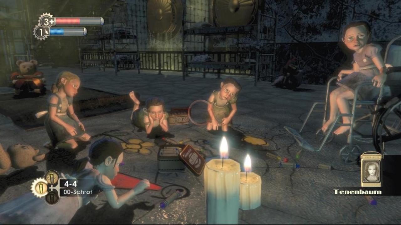[31/08/2007] Das Zuhause der Little Sisters: Wenn sie nicht gerade auf Adam-Jagd sind, vertreiben sich die glubschäugigen Mädels die Zeit mit Malen und Spielen. Das Bild rechts unten zeigt die Wissenschaftlerin Tenenbaum. Sie ist so etwas wie die Mutter der Little Sisters.