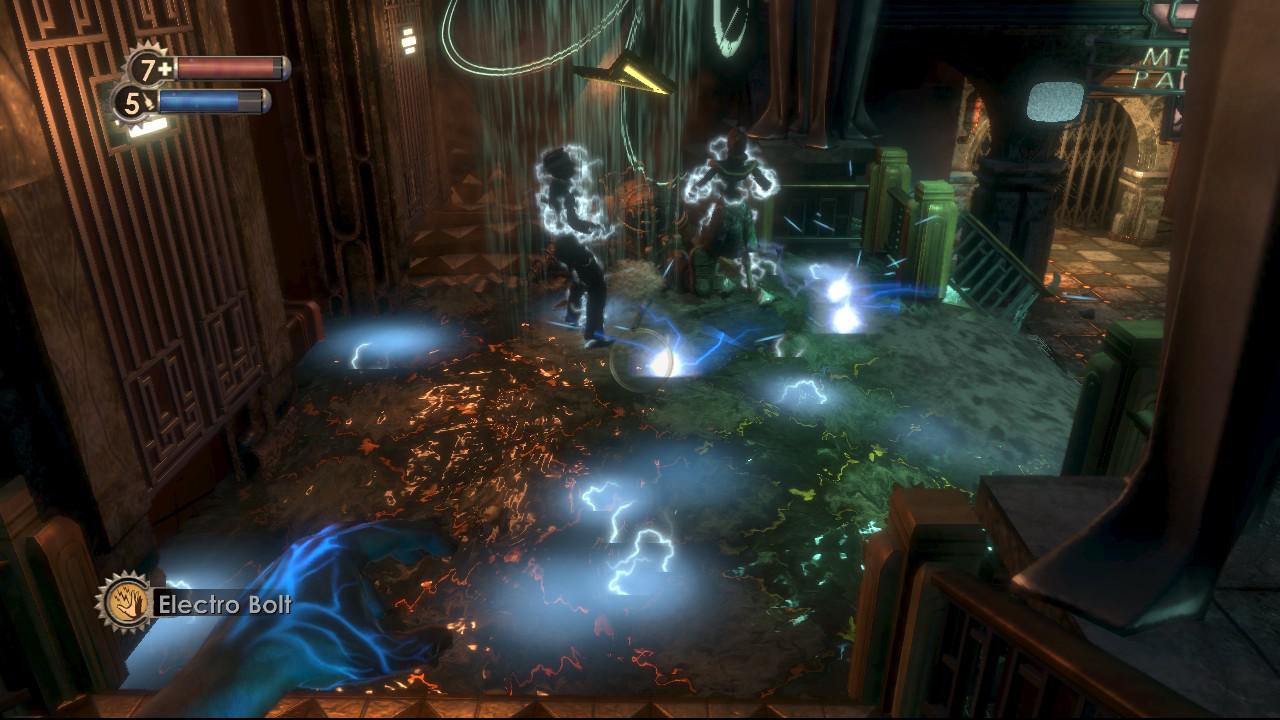 [22/08/2007] Bioshock spielte nicht nur in der atemberaubenden Unterwasserstadt Rapture, sondern kam auch mit einer Reihe Kräfte daher, die man mit Spritzen aufladen konnte. Der Elektro-Bolt machte einen Gegner kurze Zeit benommen, in dem man ihm möglichst schnell den Garaus machen sollte.