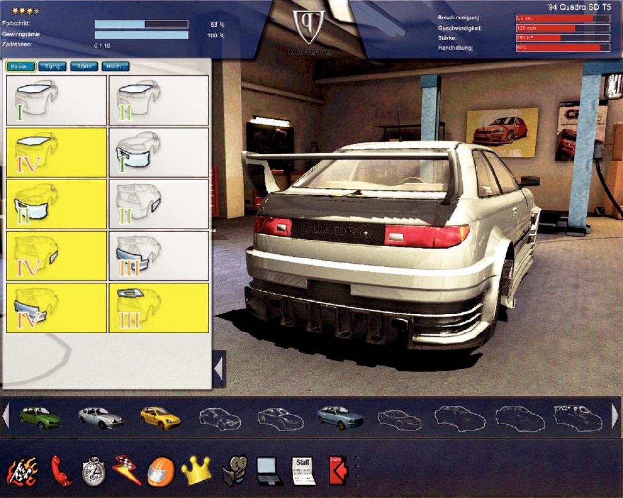 [27/08/2007] Mit riesigen Icons klicken wir die Tuning-Teile an unseren Flitzer. Der ist hier schon ziemlich aufgemotzt.