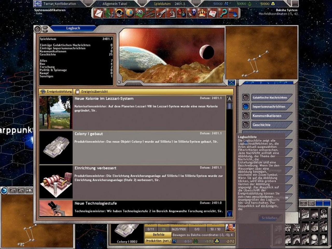 [27/08/2007] Am Anfang jeder Runde gibt’s Nachrichten über Forschungsergebnisse, Koloniegründungen et cetera.