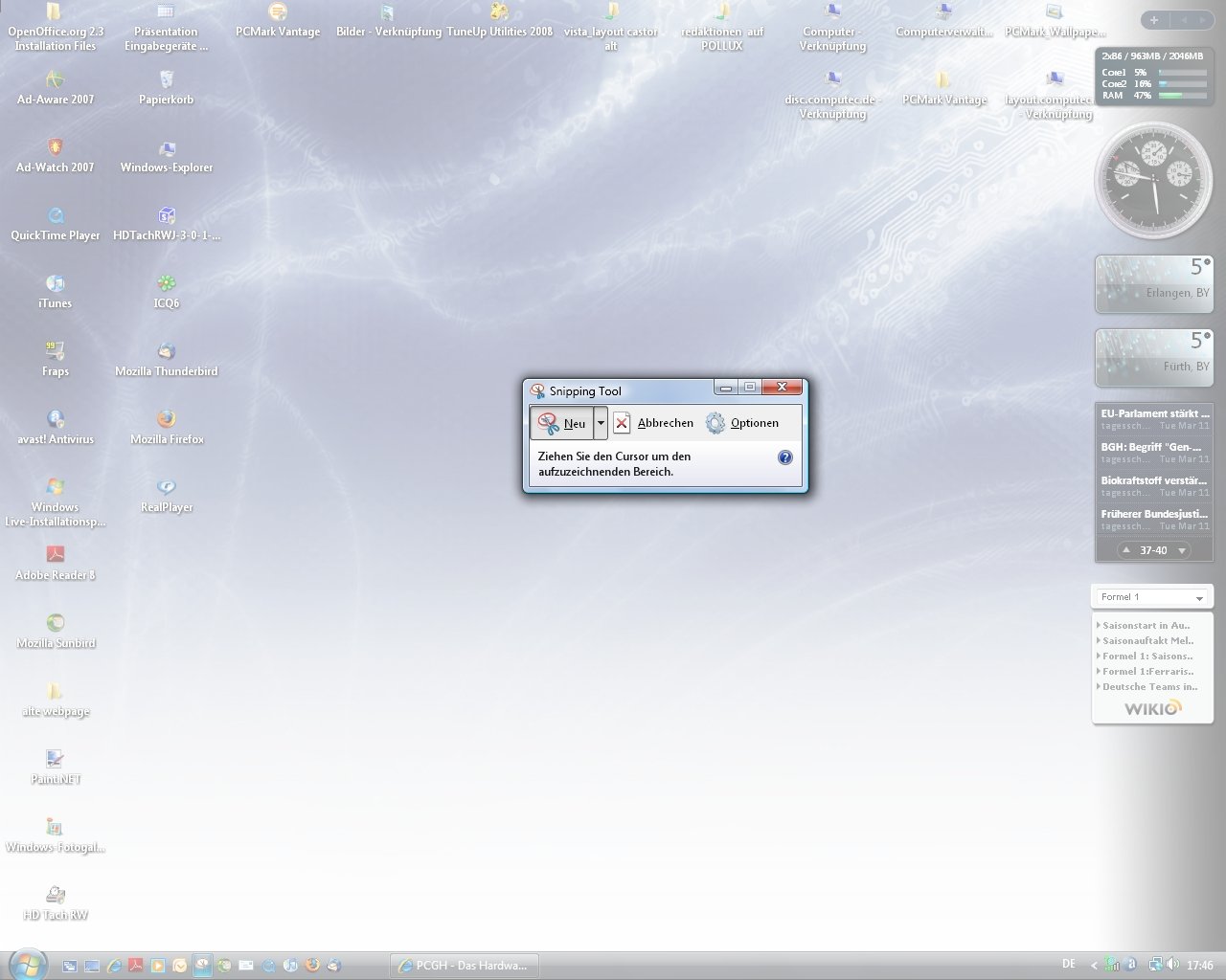 [13/03/2008] Um einfach und unkompliziert einen Screenshot eures aktuellen Bildschirminhalts zu machen, könnt ihr entweder die Druck-Taste verwenden - oder ihr nutzt das Snipping-Tool, das ihr unter 