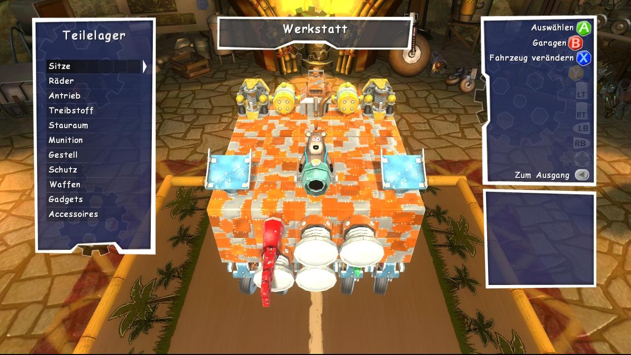 [11/11/2008] In Banjo-Kazooie: Schraube locker gab es eine richtig coole Werkstatt, in der man unzählige Teile zum Fahrzeugbau verwenden konnte. Zwar hat der Titel spielerisch enttäuscht, das Konstruieren der abgefahrenen Mschinen haben aber eine ganze Menge Fun bereitet!
