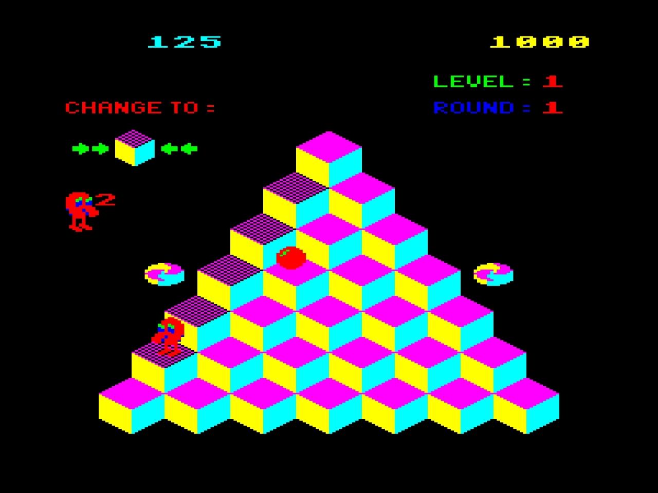 [16/12/2008] Q*bert ist ein Spiel des US-amerikanischen Entwicklers Gottlieb. Das Geschicklichkeitsspiel erschien 1982 und ist durch die Kunstwerke von M. C. Escher inspiriert. Das Spielfeld besteht aus farbigen Würfeln, die in einem Dreieck angeordnet sind. Ziel ist es, die Würfel umzufärben, indem man auf sie springt. Die Gegner Coily, Ugg und Wrongway sowie Slick und Sam setzen alles daran, das zu verhindern. Dieses Spiel war ein so großer Hit, dass es das meist-vermarktete Arcade-Game der 80er wurde.