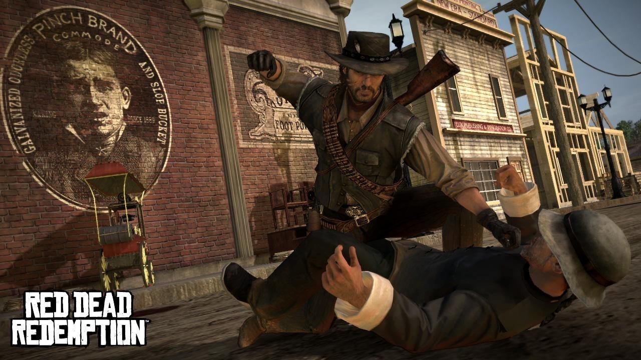 [11/05/2010] Wenn wir in Red Dead Redemption wie im Bild Leute verprügeln, dann macht uns das Gesetz dumm an. Aber, wenn wir Leute stattdessen nur sachte schubsen und sie dann Treppen runterfallen und sich das Genick brechen, dann ist das alles harmlos und ok. Cowboy-Polizei, dein Freund und Helfer, wenn er Lust hat zu arbeiten...