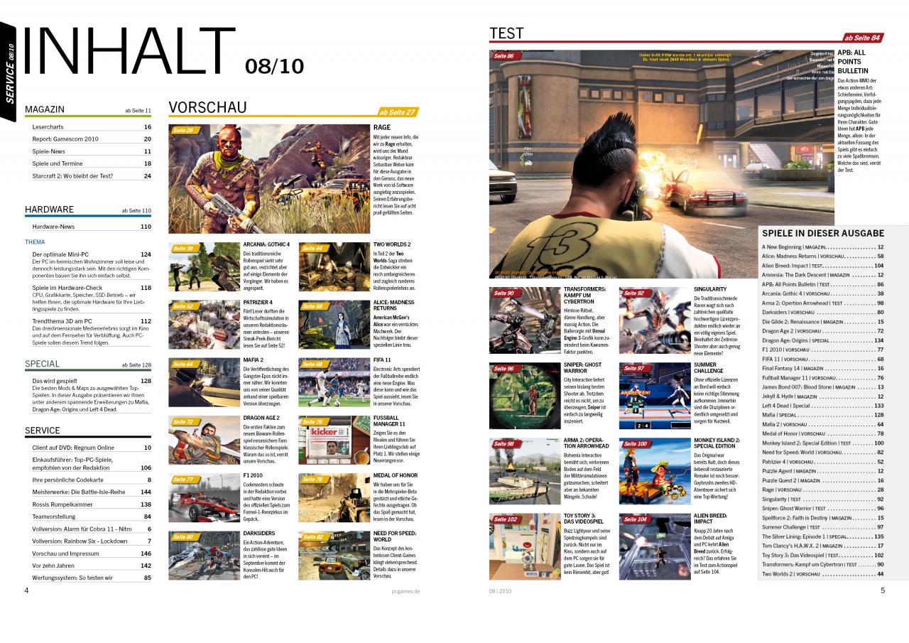 [23/07/2010] Das Inhaltsverzeichnis der PC Games 08/10 auf einen Blick.