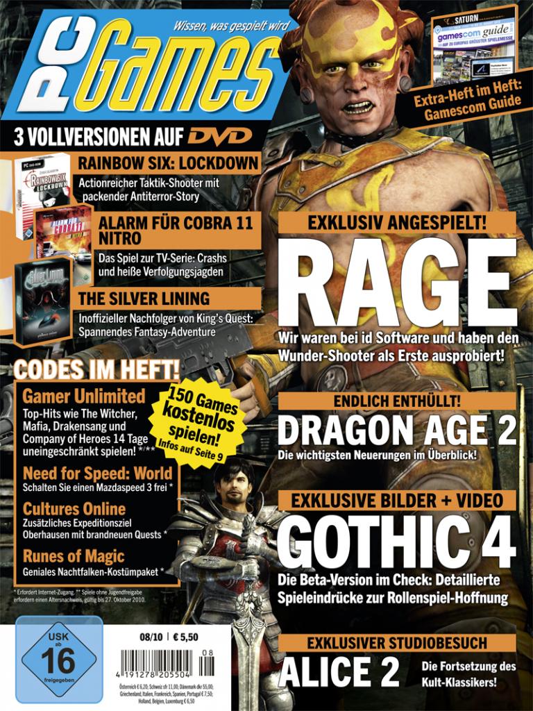 [23/07/2010] Der id-Shooter Rage ist das Titelthema der August-PC-Games. Außerdem stellen wir die kommenden Top-Rollenspiele vor: Dragon Age 2, Gothic 4, Two Worlds 2.