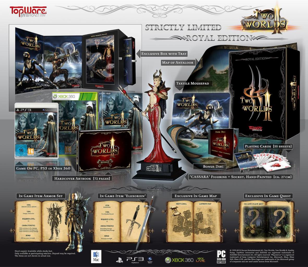 [18/09/2010] Platz 8: In der Collector's Box von Two Worlds 2 finden sich folgende Extras: Dragon Queen Figur, Artbook, Bonus DVD, Kartenspiel, 3 In-Game Items, exklusive Quest, Mouse-Pad und ein zweiseitiges Poster. Nicht schlecht: Mit 19 Stimmen (4,5%) auf Platz 8.