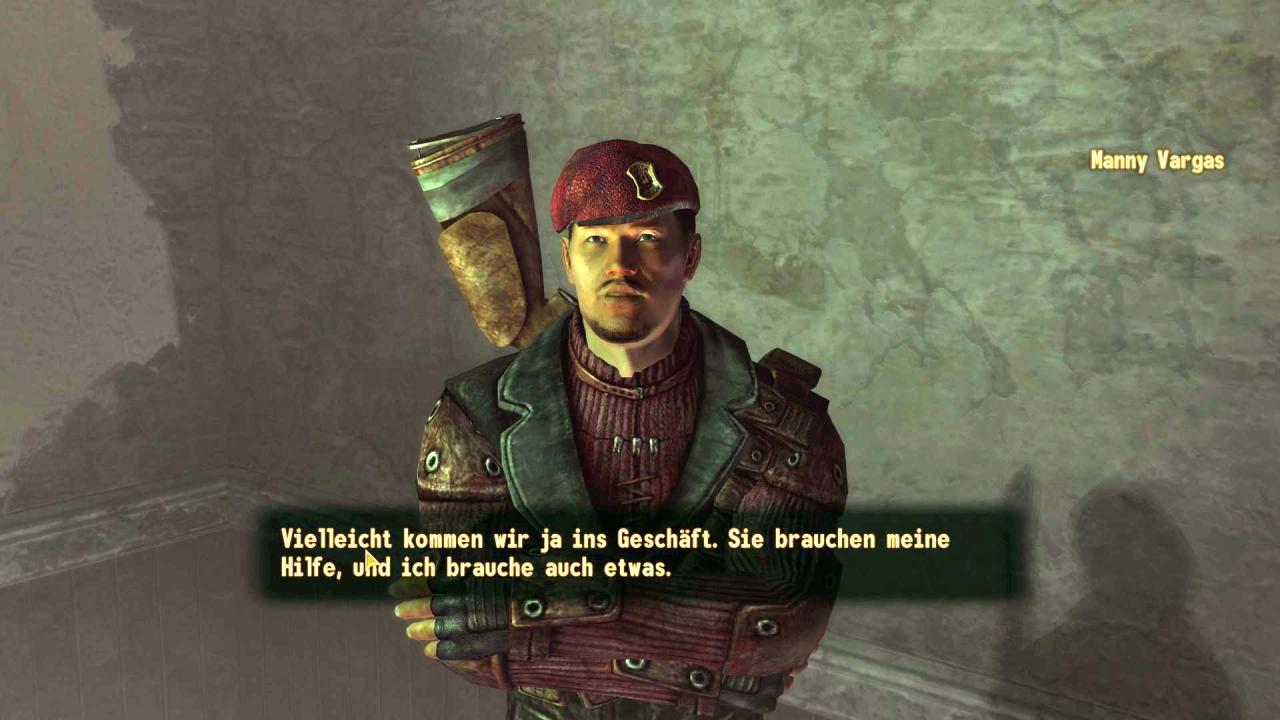 [22/10/2010] Manny Vargas im Motel von Novac besitzt den nächsten Hinweis auf den Verbleib des Mannes im karierten Anzug, der den Helden zu Spielbeginn niedergeschossen hat. Damit er uns den Weg weist, müssen wir uns jedoch zuerst um ein paar Ghule kümmern.