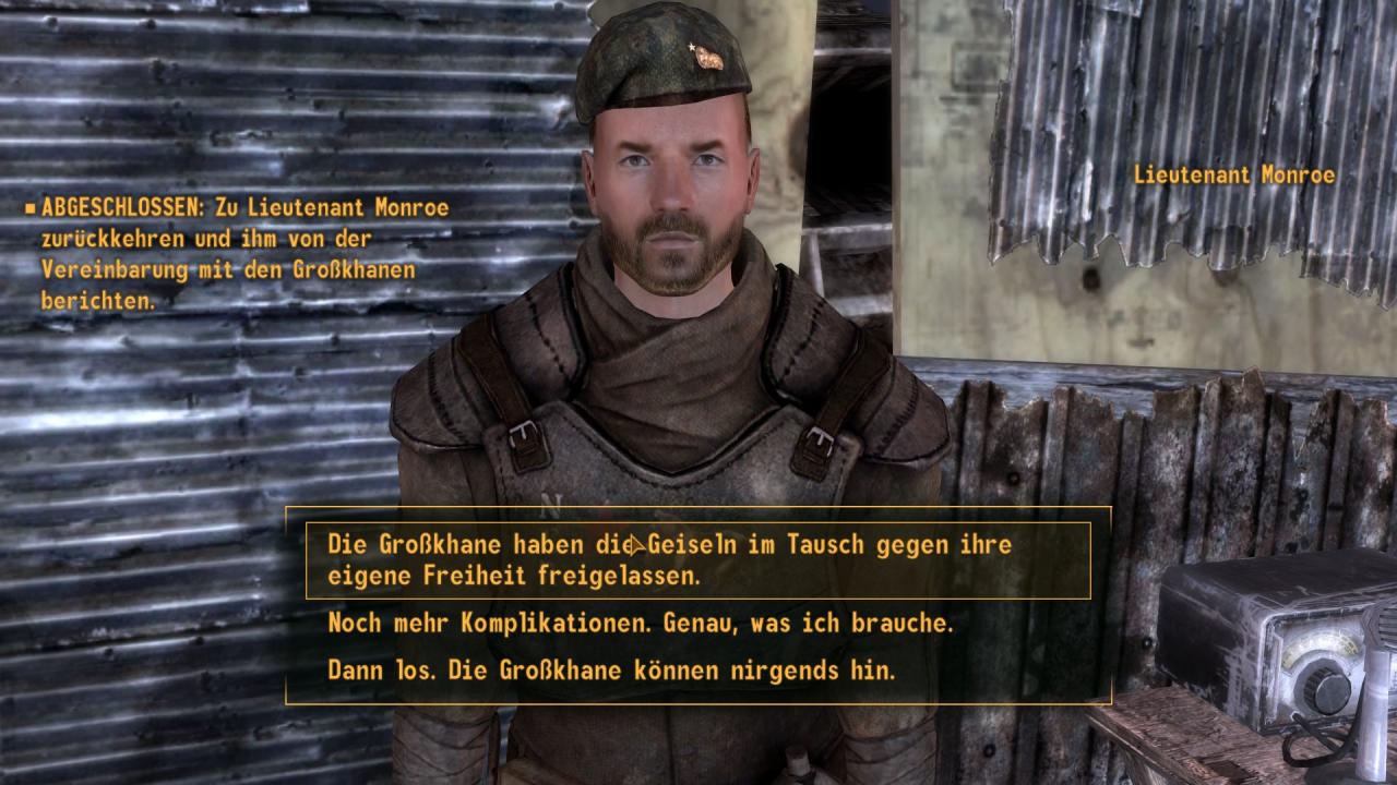 [26/10/2010] Nachdem wir in Boulder City die Freiheit der Geiseln ausgehandelt haben, will Lieutenant Monroe trotzdem die Großkhane erledigen. Wenn wir ihm diesen Plan ausreden, erhalten wir zusätzliches gutes Karma.