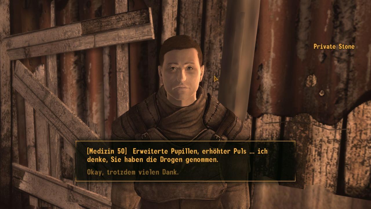 [22/10/2010] Private Stone hat sich die verschwundenen Medikamente einverleibt. Ein medizinisch begabter Charakter kann seine Abhängigkeit bereits im Gespräch erkennen, alle anderen folgen ihm des Nachts zu seinem Drogenversteck.
