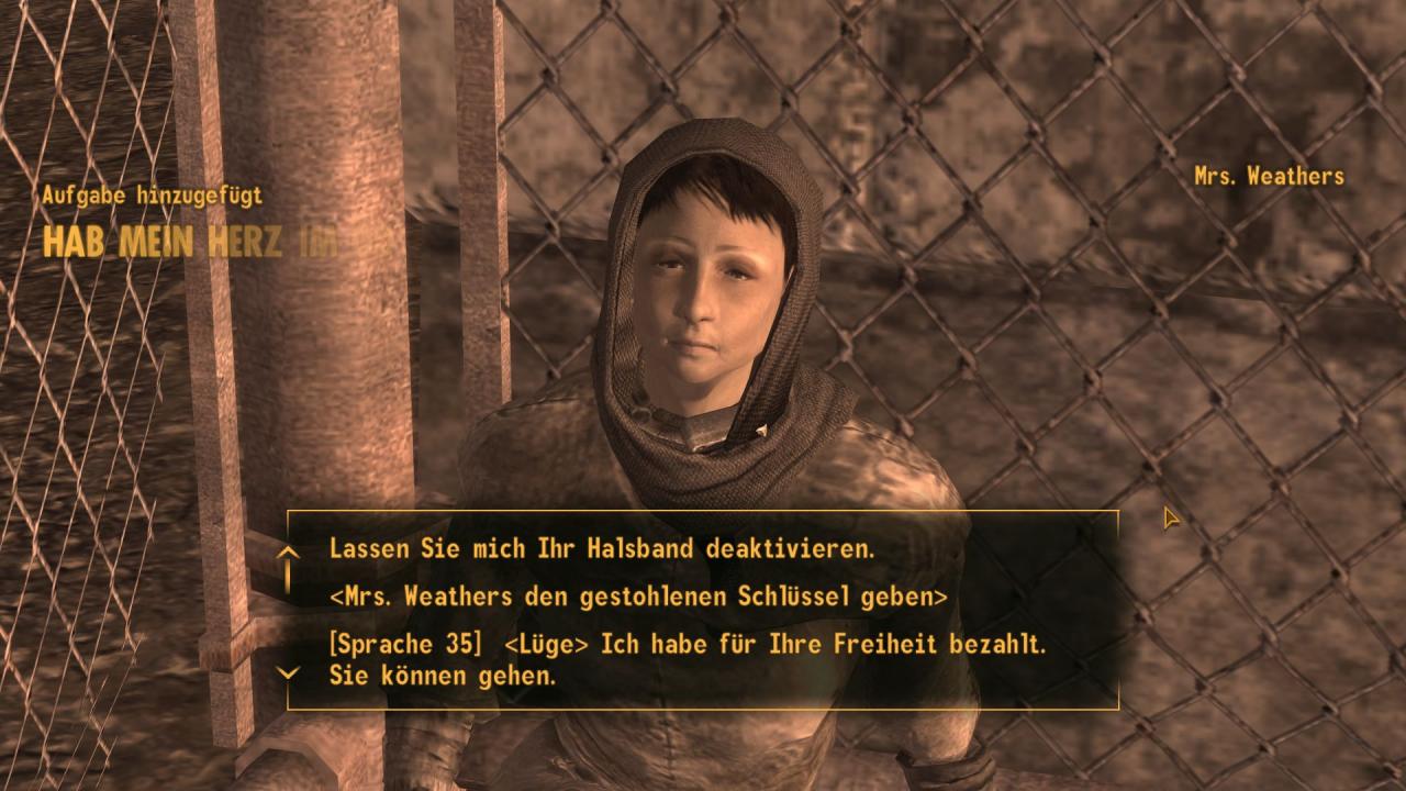 [22/10/2010] Die bedauernswerte Familie Weathers ist in einem Käfig im von der Legion kontrollierten Dorf Cottonwood Cove im tiefsten Südosten gefangen. Nachdem wir der Wache den Schlüssel abgeknöpft haben, lassen wir die Sklaven frei.