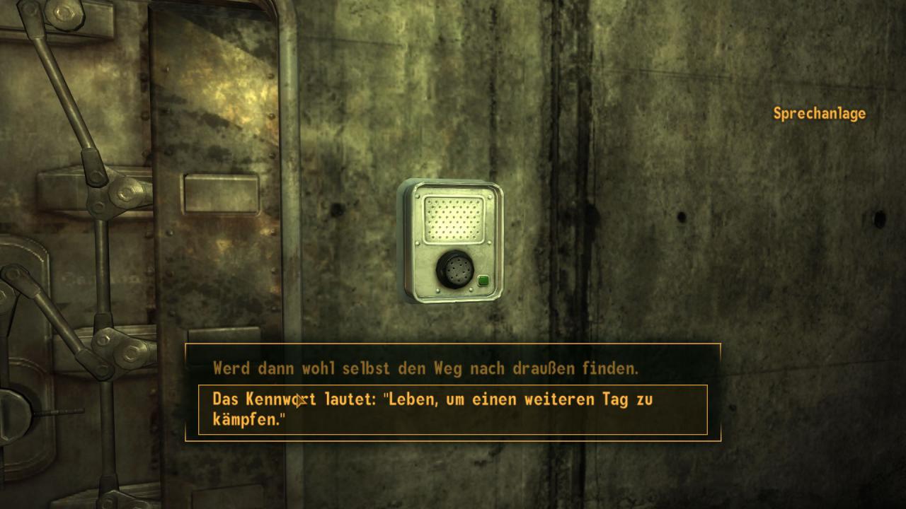 [29/10/2010] Der nordwestliche Bunker im Hidden Valley verbirgt eine geheime Basis der stählernen Bruderschaft. Wenn wir zuvor eine der Patrouillen der Bruderschaft im Ödland gefunden haben, können wir uns mit dem richtigen Kennwort an der Sprechanlage Zutritt verschaffen.
