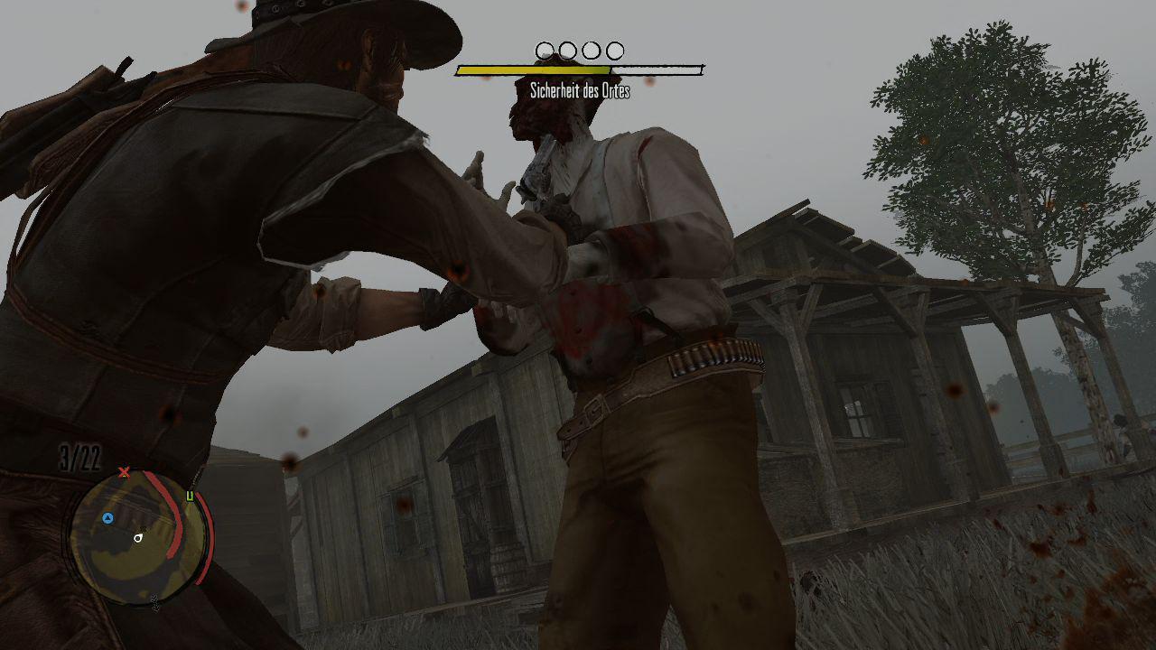 [29/10/2010] Häufig kommt es zum Nahkampf mit den hirnlosen Fleischfressern. Je nach Waffe bläst John Marston den Zombies dann in einer geschmeidigen Animation den Kopf weg.