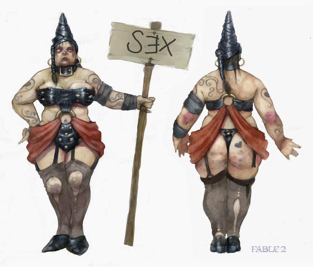[15/10/2010] Platz 10: Nicht nur die Körperfülle ist ziemlich abtörnend ... Auch der Gesichtsausdruck dieser Prostituierten aus Fable 2 ist nicht gerade einladend. Aber wenigstens ist sie sehr gƎbildƎt!