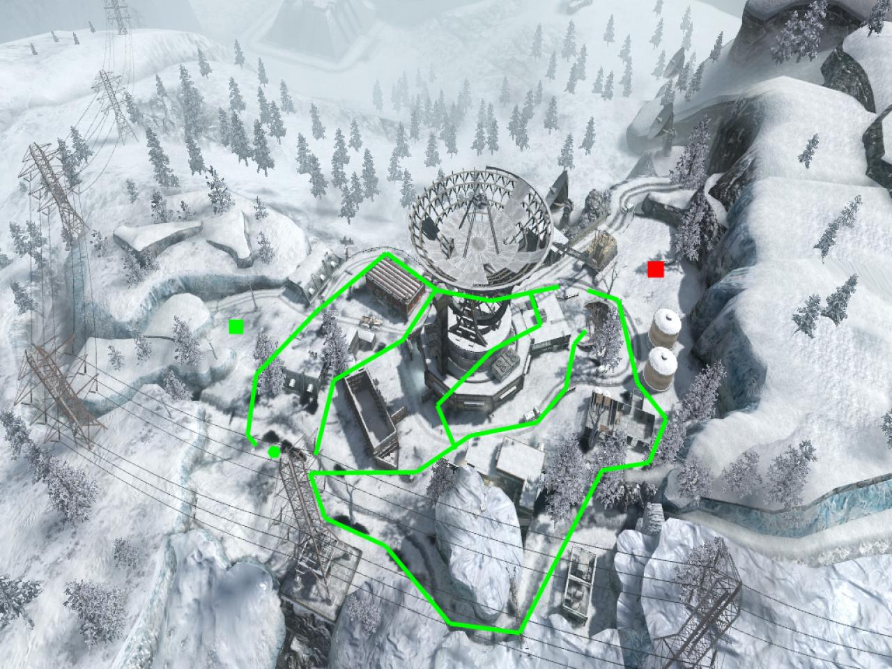 [24/11/2010] Capture the Flag - Das grüne Quadrat ist der Startpunkt der Black Ops, während die Speznas beim roten Quadrat beginnen. Die Sechsecke stellen die jeweilige Flagge da.