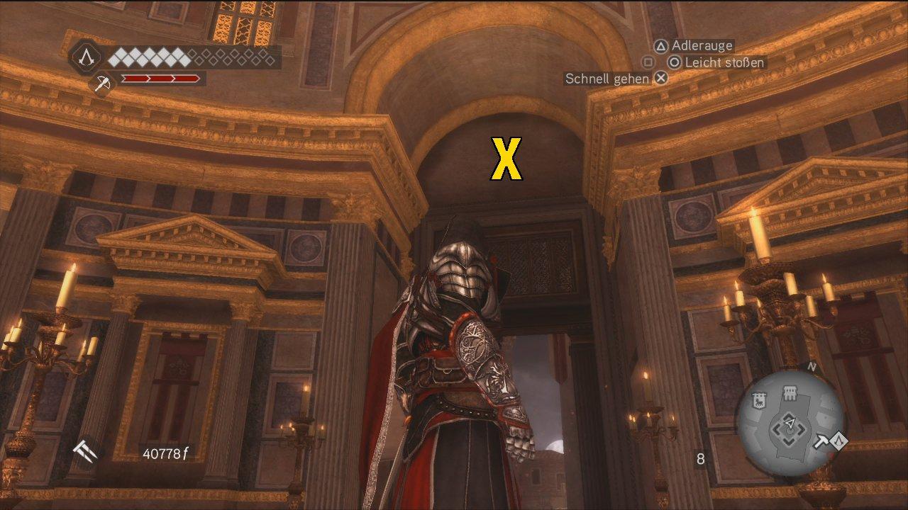 [16/11/2010] Assassin's Creed: Brotherhood Komplettlösung: Glyphen-Rätsel Nr. 10: Die letzte Glyphe ist im Bogen der Haupthalle im Pantheon verborgen. Steigt an den herausstehenden Altären mit Spitzdach hinauf und hangelt euch zum Ziel. (2)