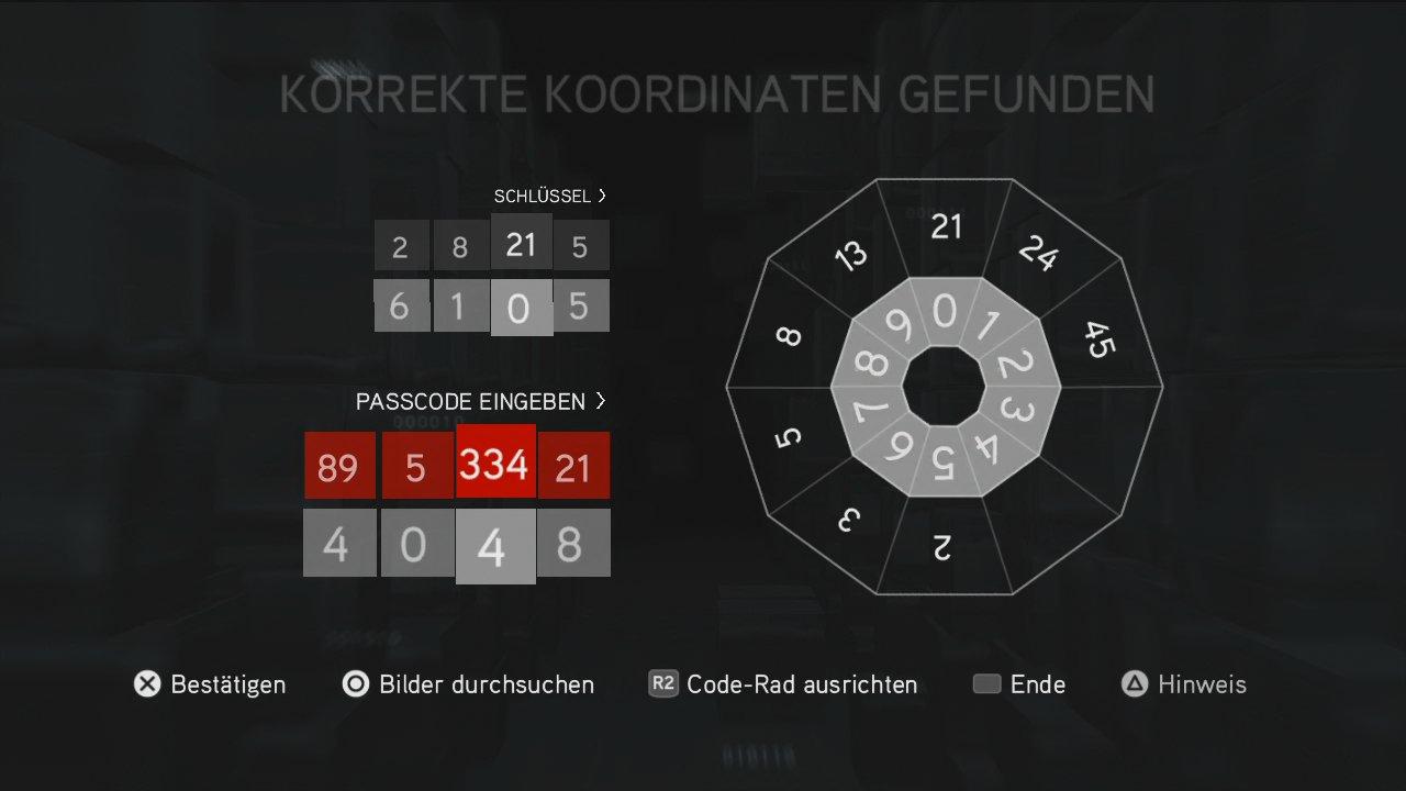 [16/11/2010] Assassin's Creed: Brotherhood Komplettlösung: Glyphen-Rätsel Nr. 10: Die beiden fehlenden Zahlen auf der Codescheibe sind 89 und 334. Somit ergibt sich der abgebildete Zifferncode.
